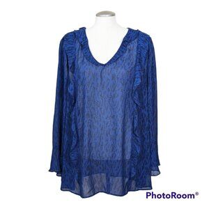 Penningtons Womens Plus Size 3X Blouse Chiffon Sheer Blue Animal Print Ruffle